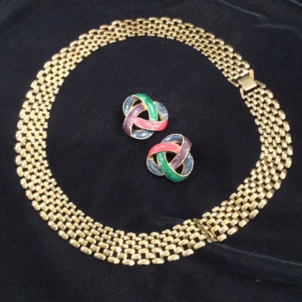 Mid century GoldTone PANTHER LINK necklace + Earrings